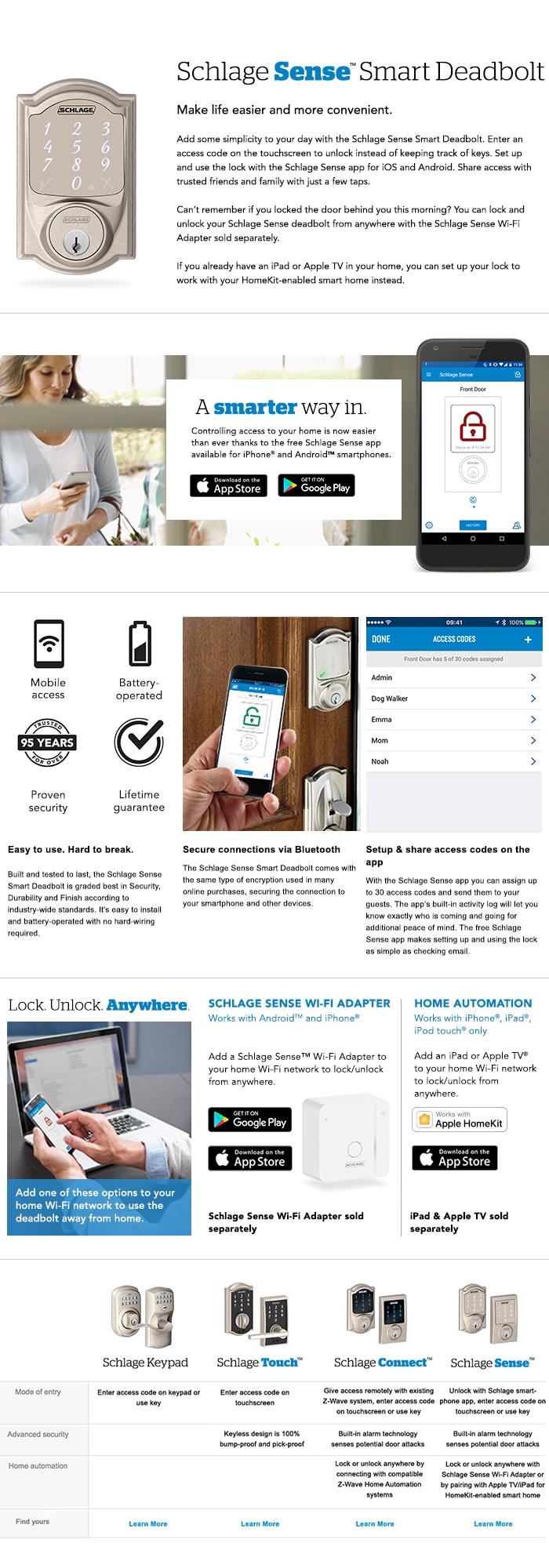 Schlage Camelot Satin Nickel Sense Smart Door Lock with Georgian Knob Door Handleset BE479AA V ...
